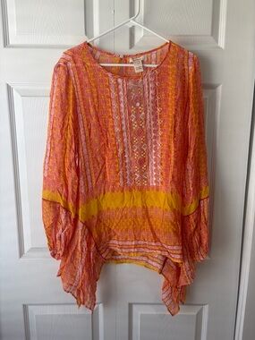Sundance Go Beyond Orange Shark Bite L/S Semi Sheer Embroidered Boho Tunic Lg